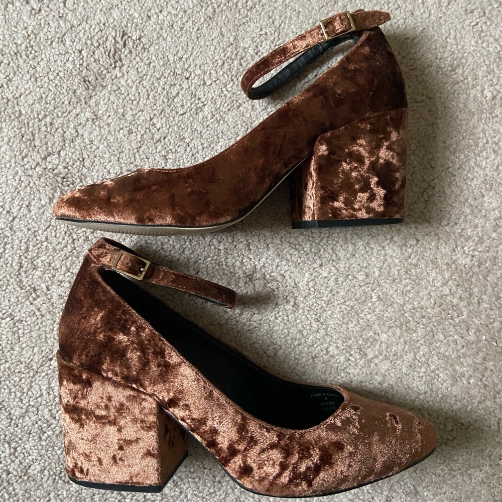 ASOS Copper velvet block heel ankle strap pumps